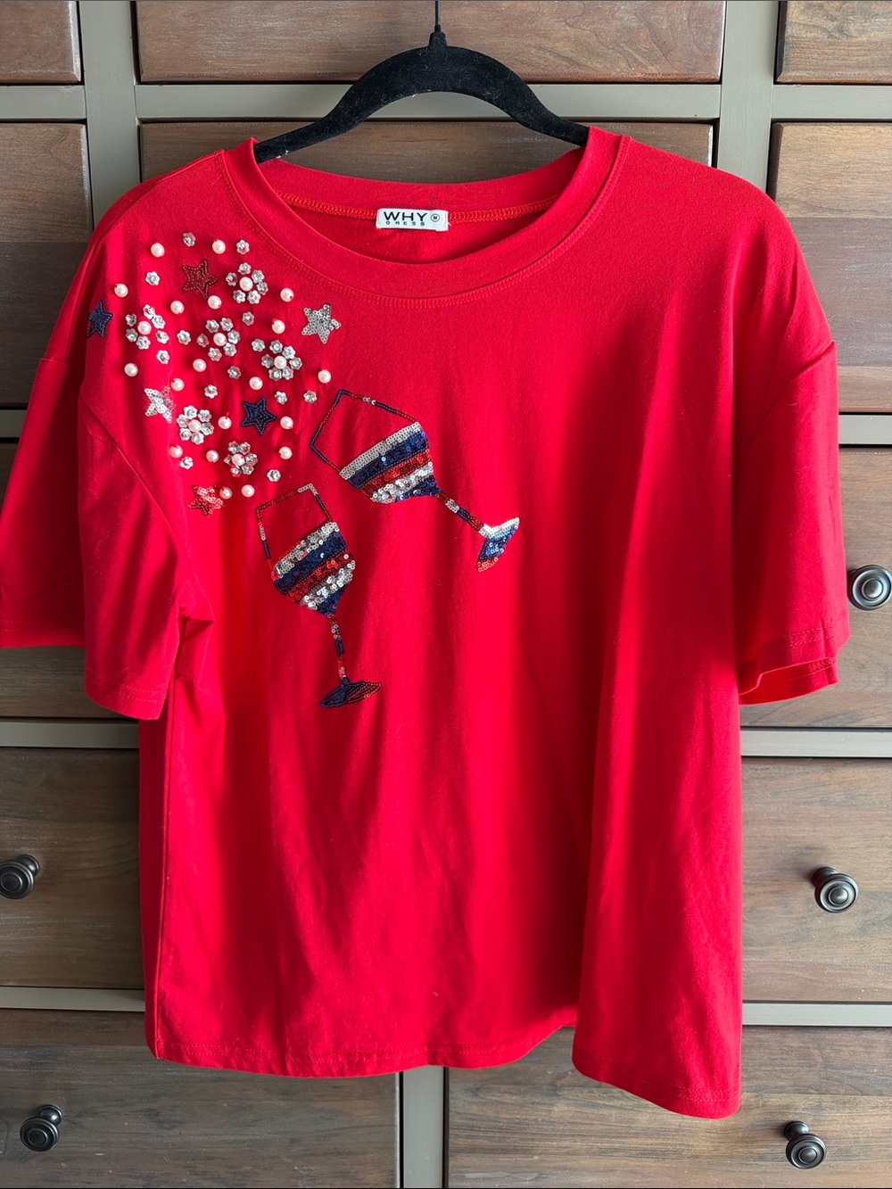 Red Embellished Tee with Sequin Wine Glasses
